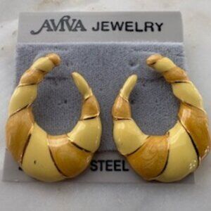 Aviva Jewelry earrings-Gold tone-Cream colored enameled-Semi hoop shape
